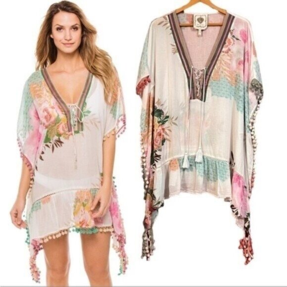 Z&L Europe Floral Print Airy  100% Cotton Pom-Pom Caftan Swim Cover Up sz Small - Picture 2 of 16